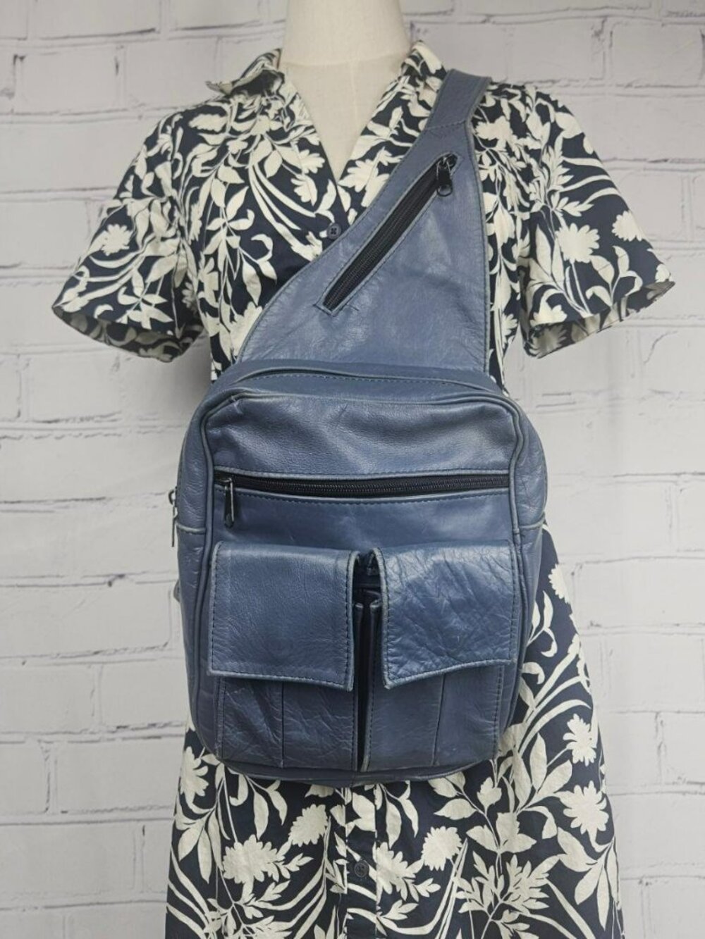 Genuine Leather Blue Sling Backpack Crossbody Bag Silver tone Hardware Purse